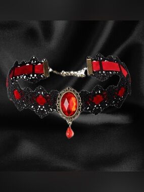 Gothic Lace Choker with Vintqge Crystal Gems